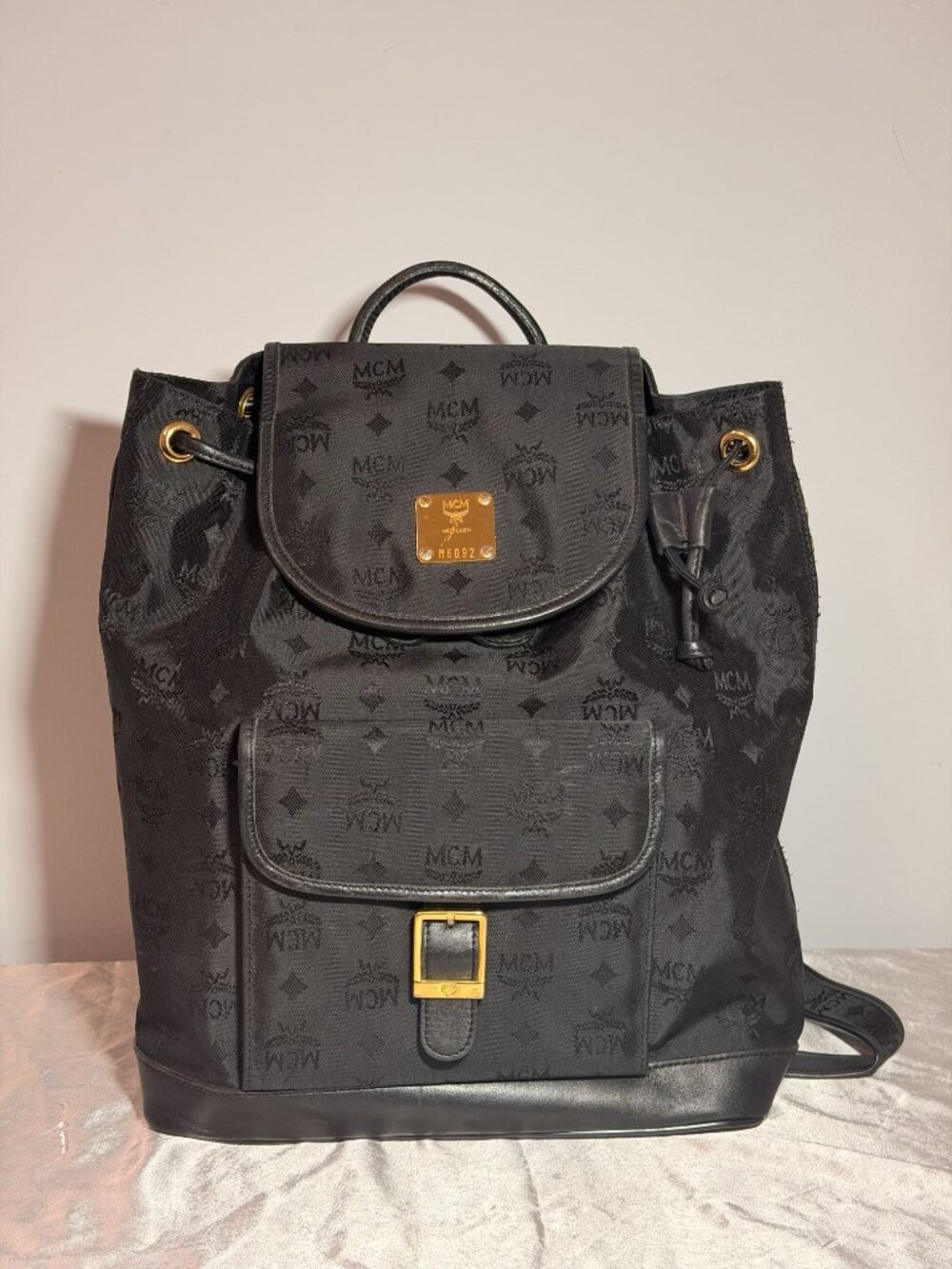 MCM Black Monogram Drawstring Backpack